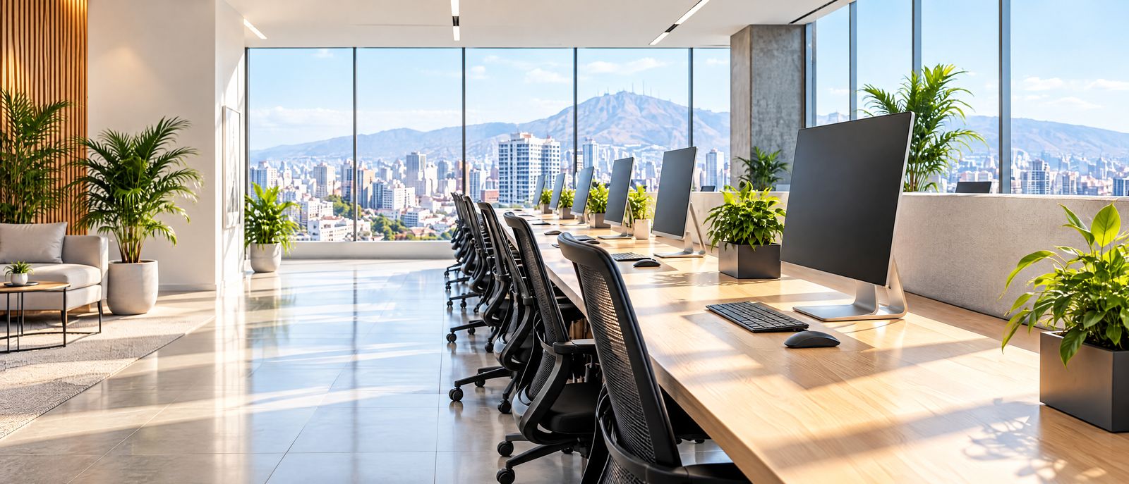 Oficina amplia y luminosa con escritorios, monitores y vista a la ciudad