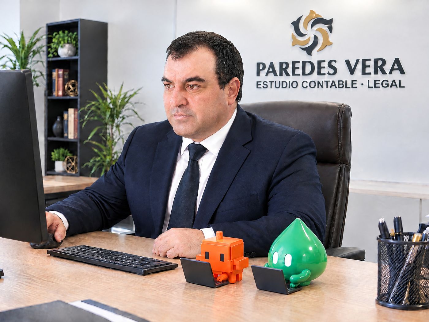 Wilson Alexander Paredes Vera trabaja en su escritorio de Paredes Vera Estudio Contable Legal; sobre la mesa, dos figuras de los agentes de IA del estudio, cada una con su pequeña laptop