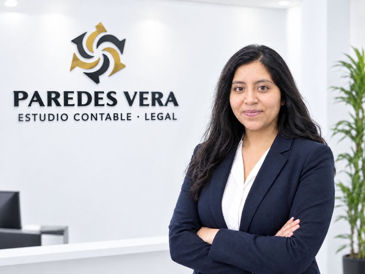 Elizabeth Romero en la oficina de Paredes Vera Estudio Contable Legal, frente al logo del estudio