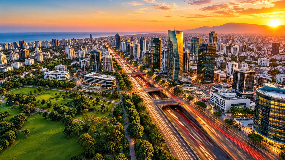 Lima al atardecer, con la Vía Expresa y las torres empresariales