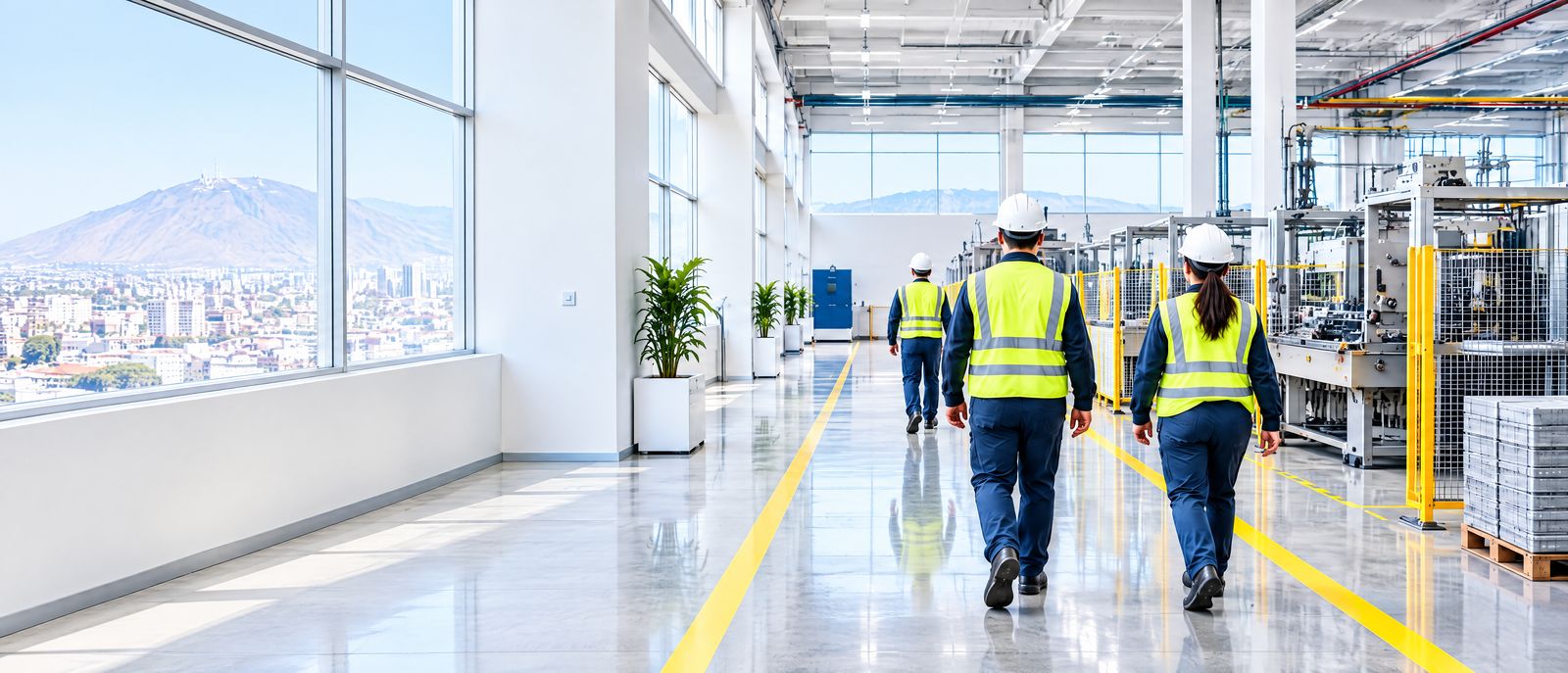 Trabajadores con casco y chaleco caminando por un pasillo señalizado de una planta industrial