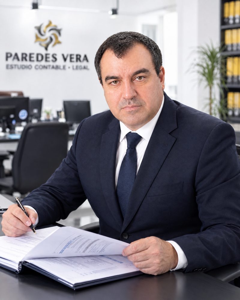 Wilson Alexander Paredes Vera revisa un informe en la oficina de Paredes Vera Estudio Contable Legal