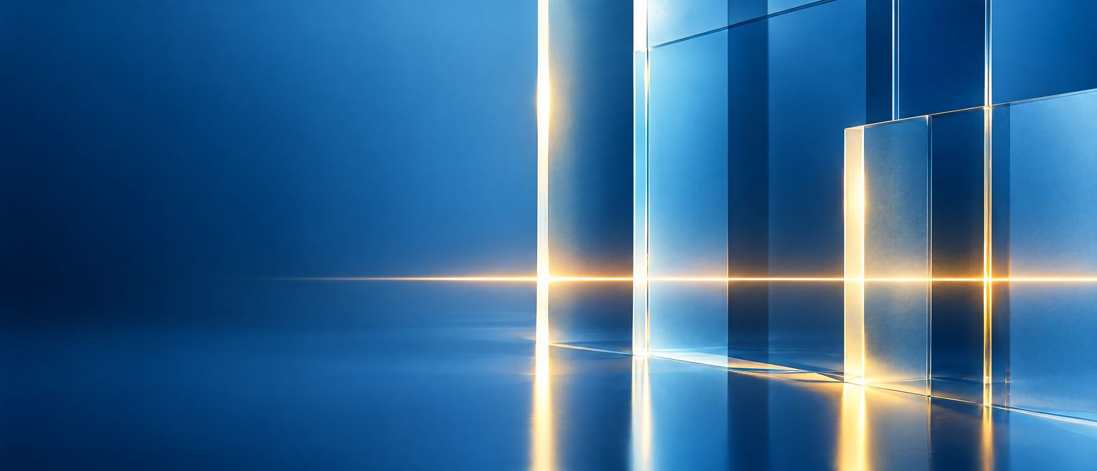 Paneles de vidrio azul atravesados por una línea de luz dorada